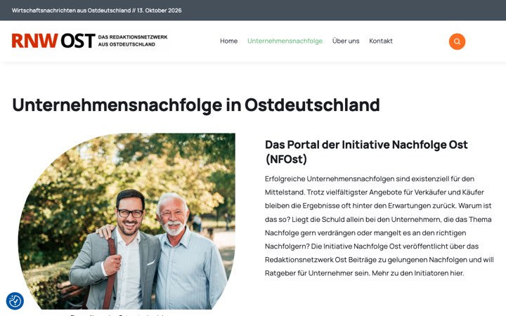Screenshot der Website redaktionsnetzwerk-ost.de/unternehmensnachfolge-in-ostdeutschland